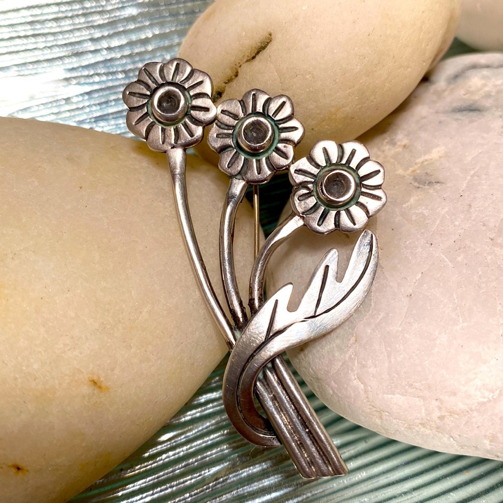 Taxco Sterling Silver Forget Me Nots Brooch